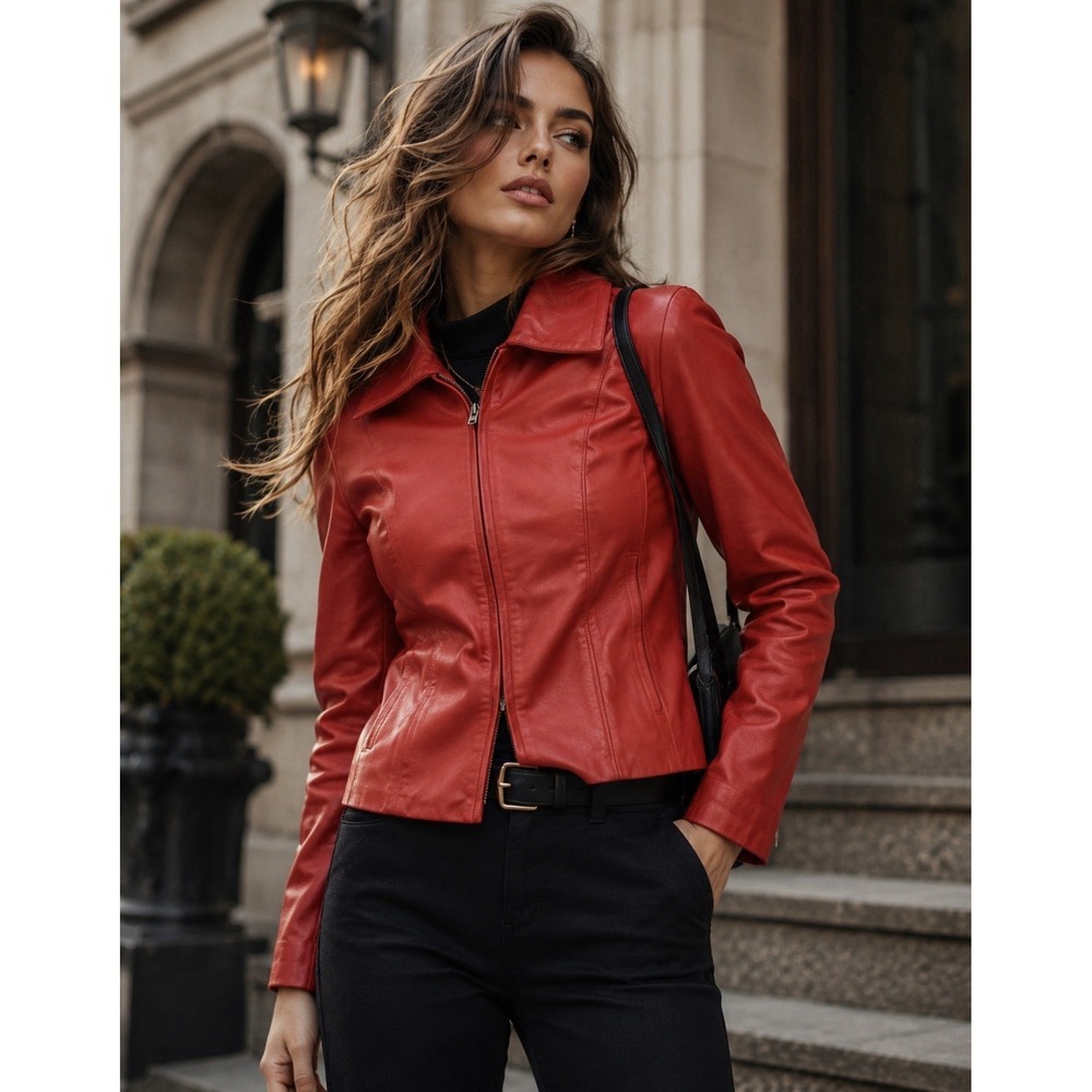 Bebe Leather Jacket Womens Red P Moto Biker 3/4 Sleeve Scooter Y2K Small